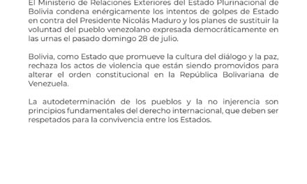 Bolivia condena intentos de golpes de Estado en contra de Maduro