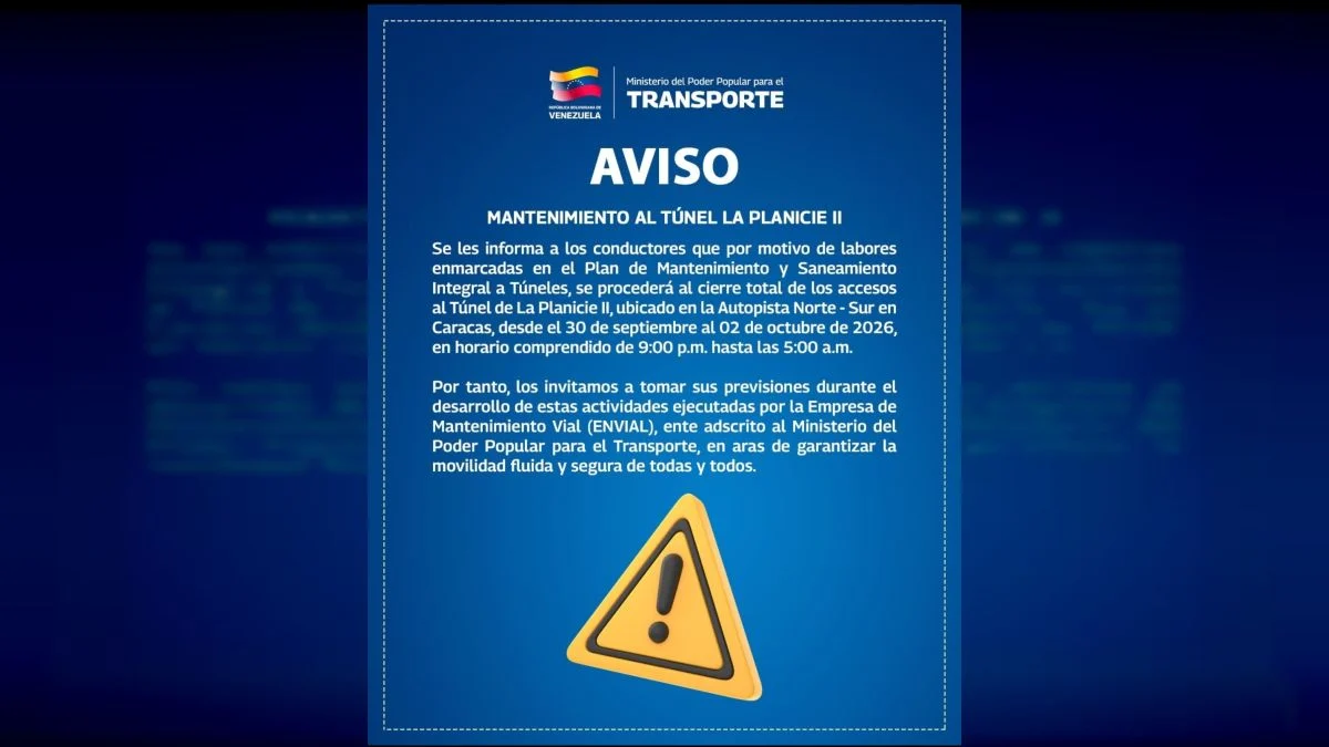 Ministerio del Transporte anuncia cierre nocturno del Túnel de La Planicie II en Caracas